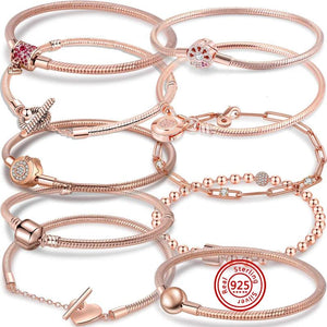 925 Silver Crown Heart T-Bar Padlock Clasp Snake Chain Charms Bracelet