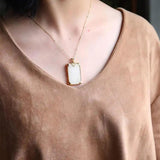 Natural Hetian Jade Plate Pendant, Retro Silver Necklace Gift