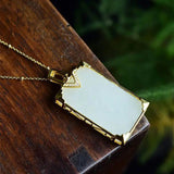 Natural Hetian Jade Plate Pendant, Retro Silver Necklace Gift