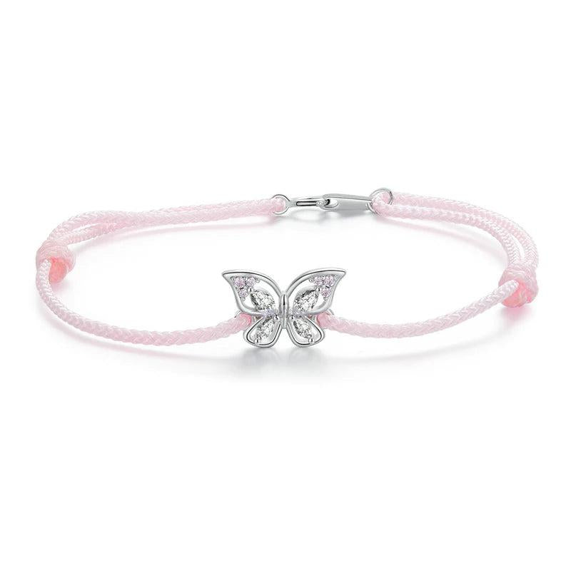 925 Silver Pink Butterfly Charm Bracelet Hollow Insect Zircon Chain Girl Jewelry