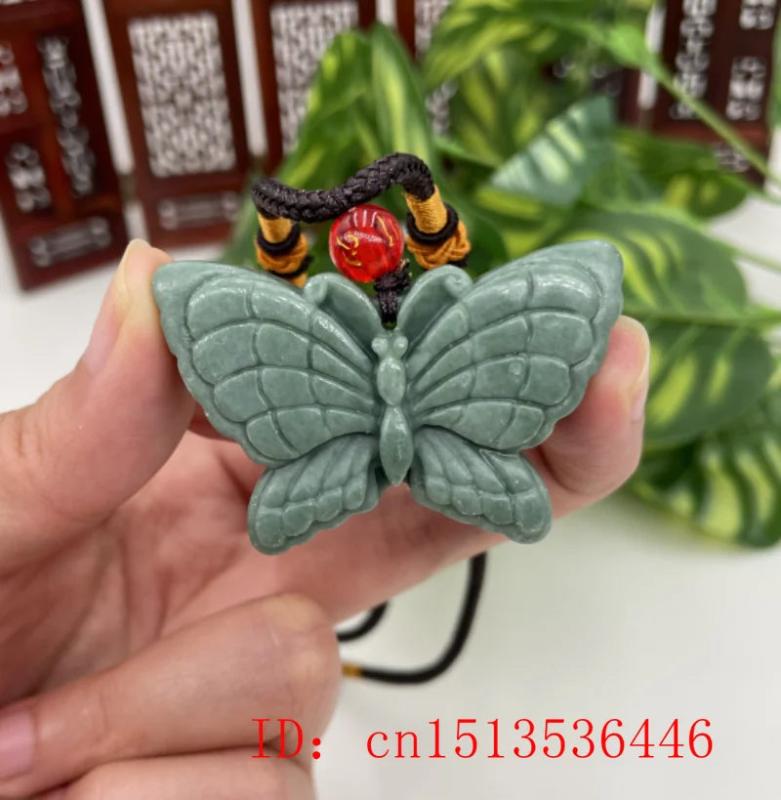 Lantian Jade Butterfly Pendant Necklace Green Natural Carved Charms