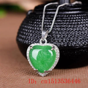 Green Jade Inlaid Love Heart Pendant Chinese Necklace Charm Jadeite Jewellery