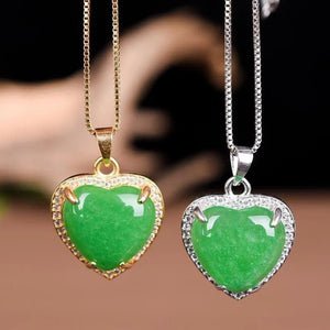 Green Jade Inlaid Love Heart Pendant Chinese Necklace Charm Jadeite Jewellery