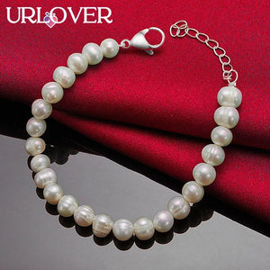 925 Silver Freshwater Pearl Bracelet Women Party Bangle Bridal Wedding Jewelry