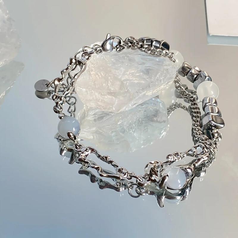 Stainless Steel Chain Bracelet Natural Stones Stretch Beads Charm Quartz Wristba