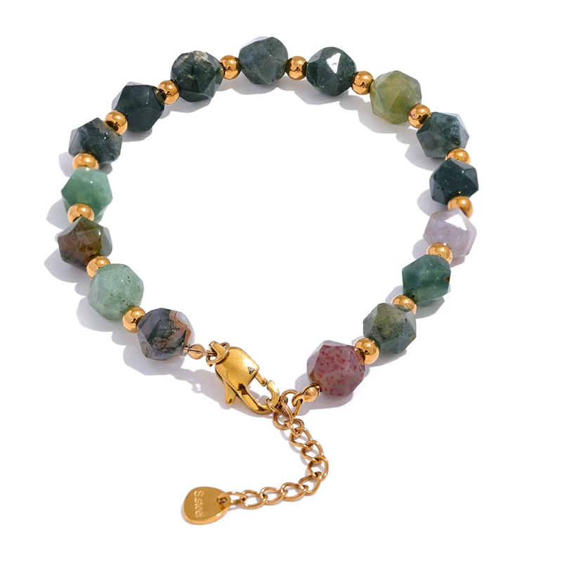 Indian Agate Stone Beads Bracelet Stainless Steel Summer Jewelry