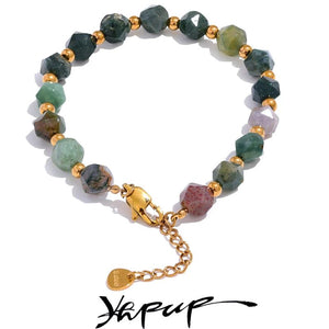 Indian Agate Stone Beads Bracelet Stainless Steel Summer Jewelry