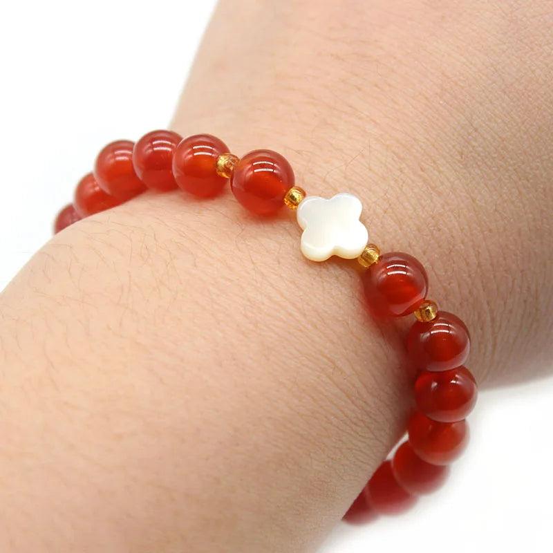 Red Carnelian Stone Bracelet Clover Shell Spacer Beads Bangle