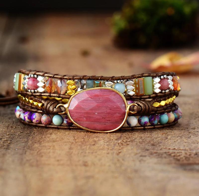 Leather Wrap Bracelet Natural Beads Crystal Weaving Art