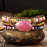 Leather Wrap Bracelet Natural Beads Crystal Weaving Art