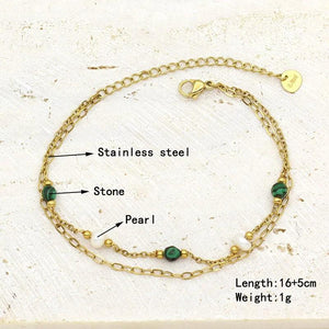 Stone Pearl String Pendant Bracelet Stainless Steel Plated Chain Female Jewelry