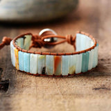 Bohemia Bracelet Amazonite Leather Wrap Stone Cuff