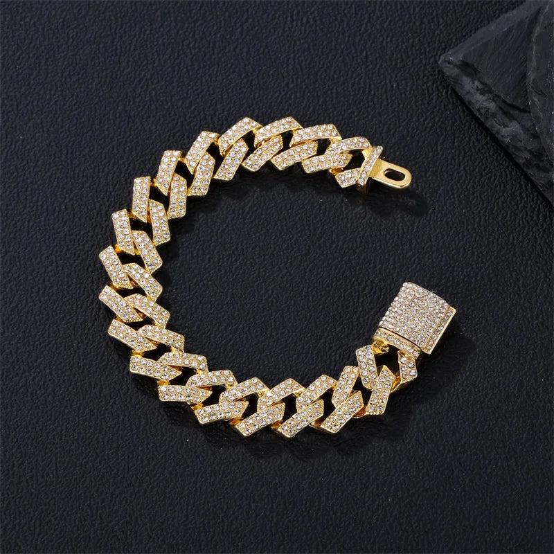 Hip Hop 15MM Miami Cuban Chain Bracelet Iced Out Men's Rhinestone Brac