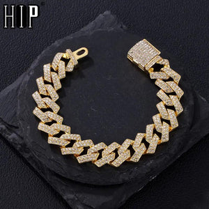 Hip Hop 15MM Miami Cuban Chain Bracelet Iced Out Men's Rhinestone Brac