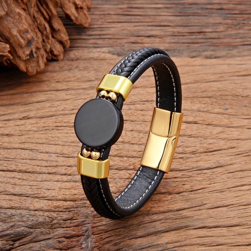 Natural Round Agates Charm Bracelet Leather Bangles Stone Jewelry