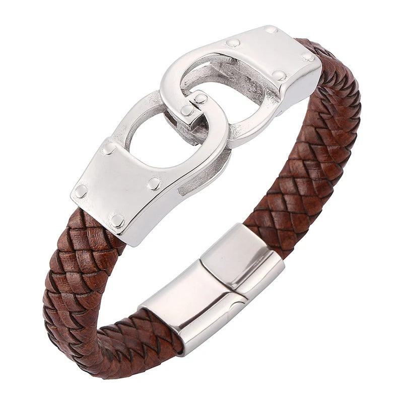 Braided Leather Bracelet Handcuffs Magnetic Buckle Wristband SP0321