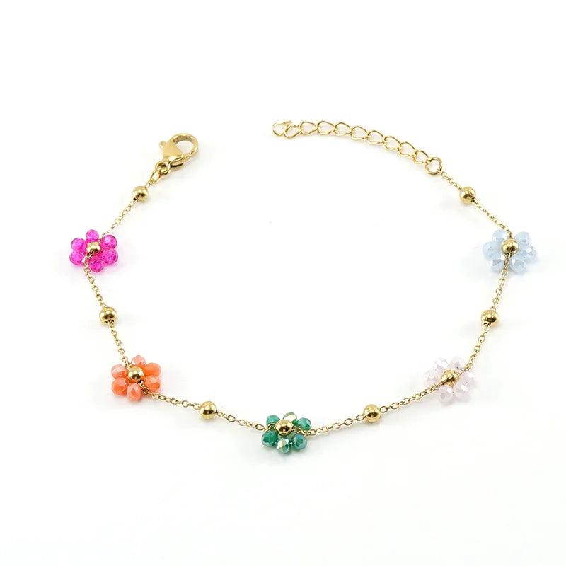 Handwoven Crystal Flower Stainless Steel Bracelet for Women