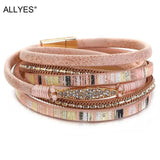 Bohemian Stripe Leather Bracelet with Natural Stone Charm