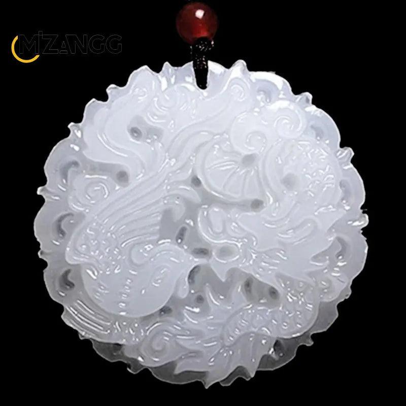 Chinese Jade Dragon & Phoenix Pendant, Double-sided Hollow Carved Necklace