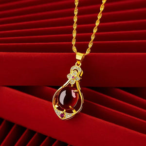 Water Drop Red Crystal Pendant Necklace Women 24K Real Plated