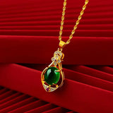 Water Drop Red Crystal Pendant Necklace Women 24K Real Plated