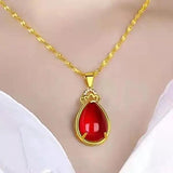Water Drop Red Crystal Pendant Necklace Women 24K Real Plated