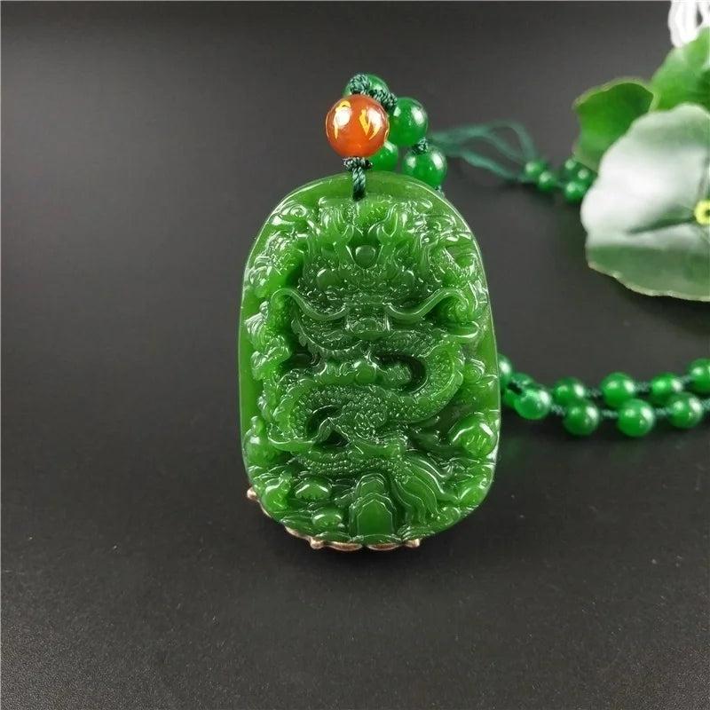 Chinese Green Jade Dragon Pendant Necklace Charm