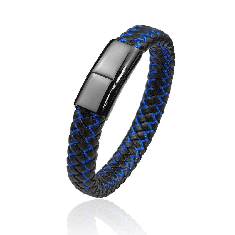 Blue/Red Leather Charm Men's Stainless Steel Bracelet