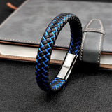 Blue/Red Leather Charm Men's Stainless Steel Bracelet