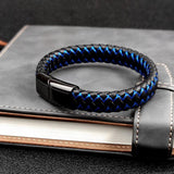 Blue/Red Leather Charm Men's Stainless Steel Bracelet