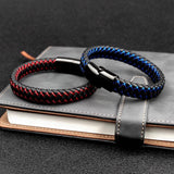 Blue/Red Leather Charm Men's Stainless Steel Bracelet