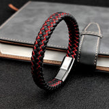 Blue/Red Leather Charm Men's Stainless Steel Bracelet
