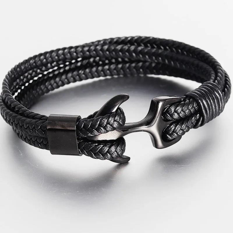 Men's Titanium Steel Woven Anchor Leather Bracelet