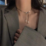 Chic Titanium Steel Bow Pearl Necklace for Women