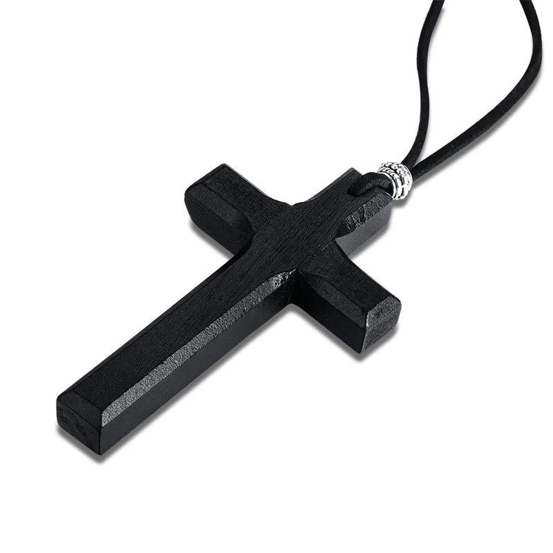 Wooden Cross Necklace on Leather Cord for Men Pendant Brown Tone