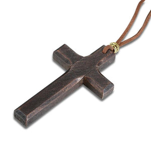 Wooden Cross Necklace on Leather Cord for Men Pendant Brown Tone