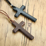 Wooden Cross Necklace on Leather Cord for Men Pendant Brown Tone