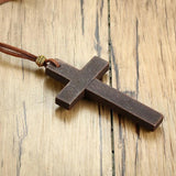 Wooden Cross Necklace on Leather Cord for Men Pendant Brown Tone