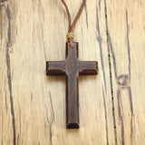 Wooden Cross Necklace on Leather Cord for Men Pendant Brown Tone