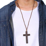 Wooden Cross Necklace on Leather Cord for Men Pendant Brown Tone
