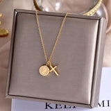 Vintage Queen Coin Cross Pendant Necklace Rose Titanium Steel