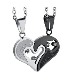 Two Colors Stainless Steel Couple Necklace Love Heart CZ Puzzle Matching