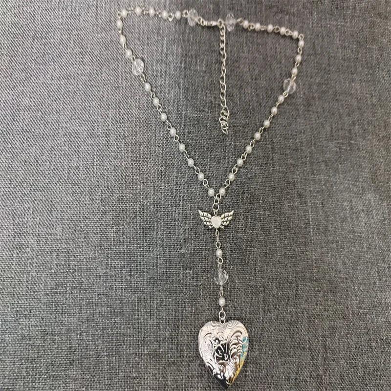 Heart Locket Rosary Style Necklace
