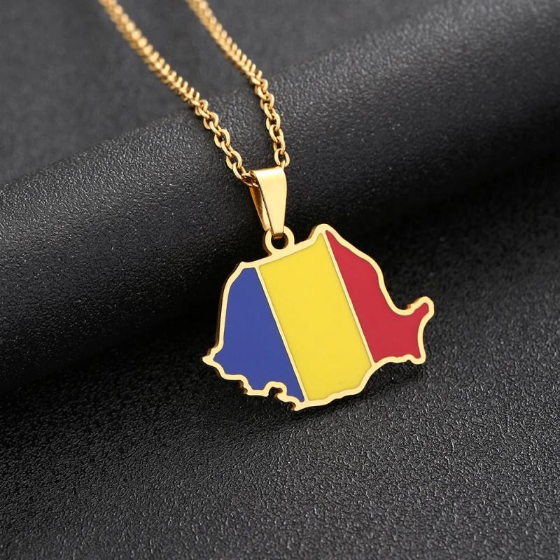 Romania Map Flag Necklace Stainless Steel Silver Charm