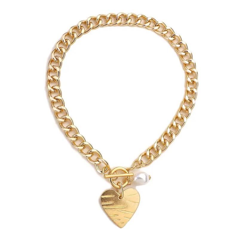 Heart Pendant Choker Necklace Steampunk Pearl Link Chain Couple Jewelry