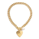 Heart Pendant Choker Necklace Steampunk Pearl Link Chain Couple Jewelry