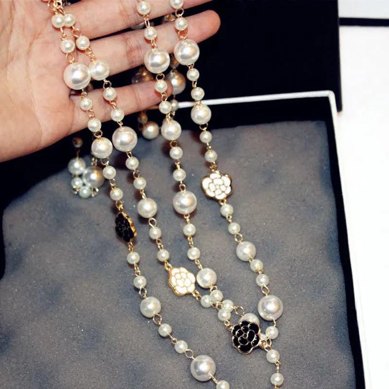 Long Pearl Necklace Flower Double Layer Collane Lunghe Donna