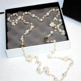 Long Pearl Necklace Flower Double Layer Collane Lunghe Donna