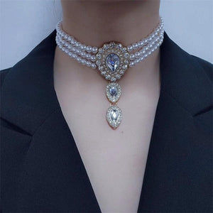 Exaggerated Multilayer Pearl Necklace Rhinestone Clavicle Chain