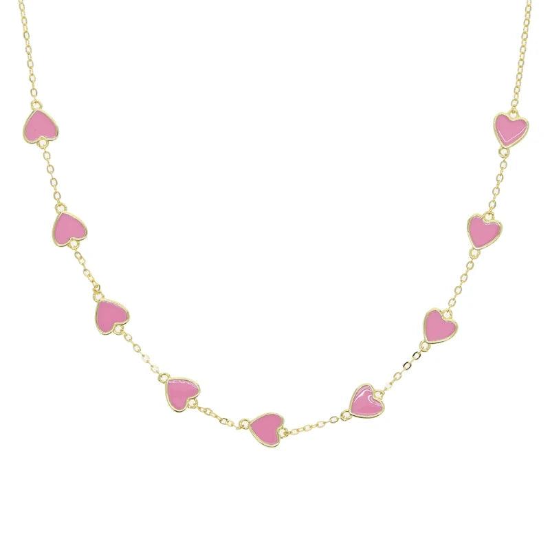 Pink Enamel Heart Pendant Necklace for Women 41+5cm